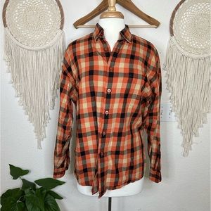 Statements orange and black plaid flannel me d button front shirt medium